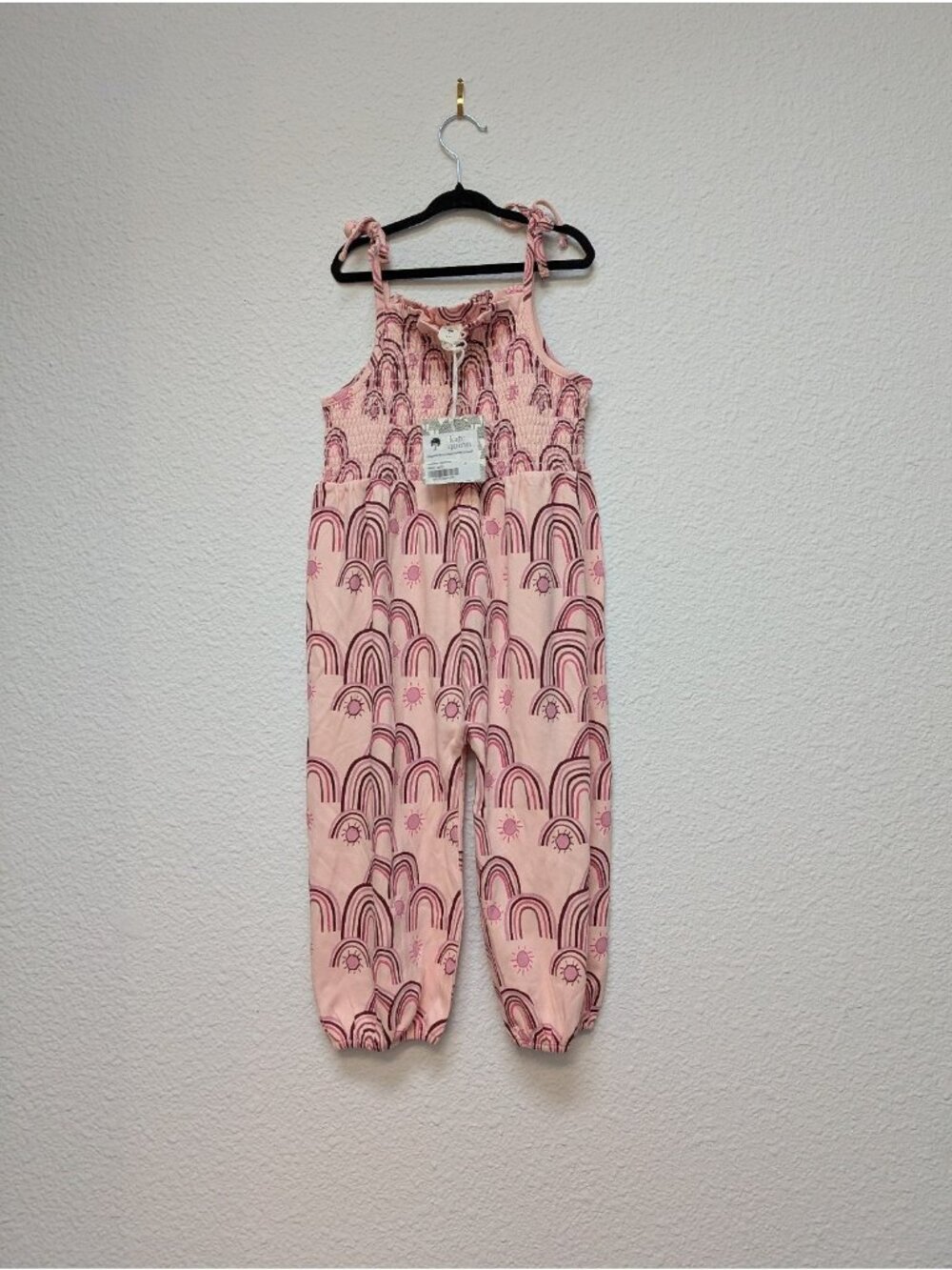Kate Quinn 4T Mauve Rainbow Smocked Jumpsuit Organic Cotton Tie Strap Pink